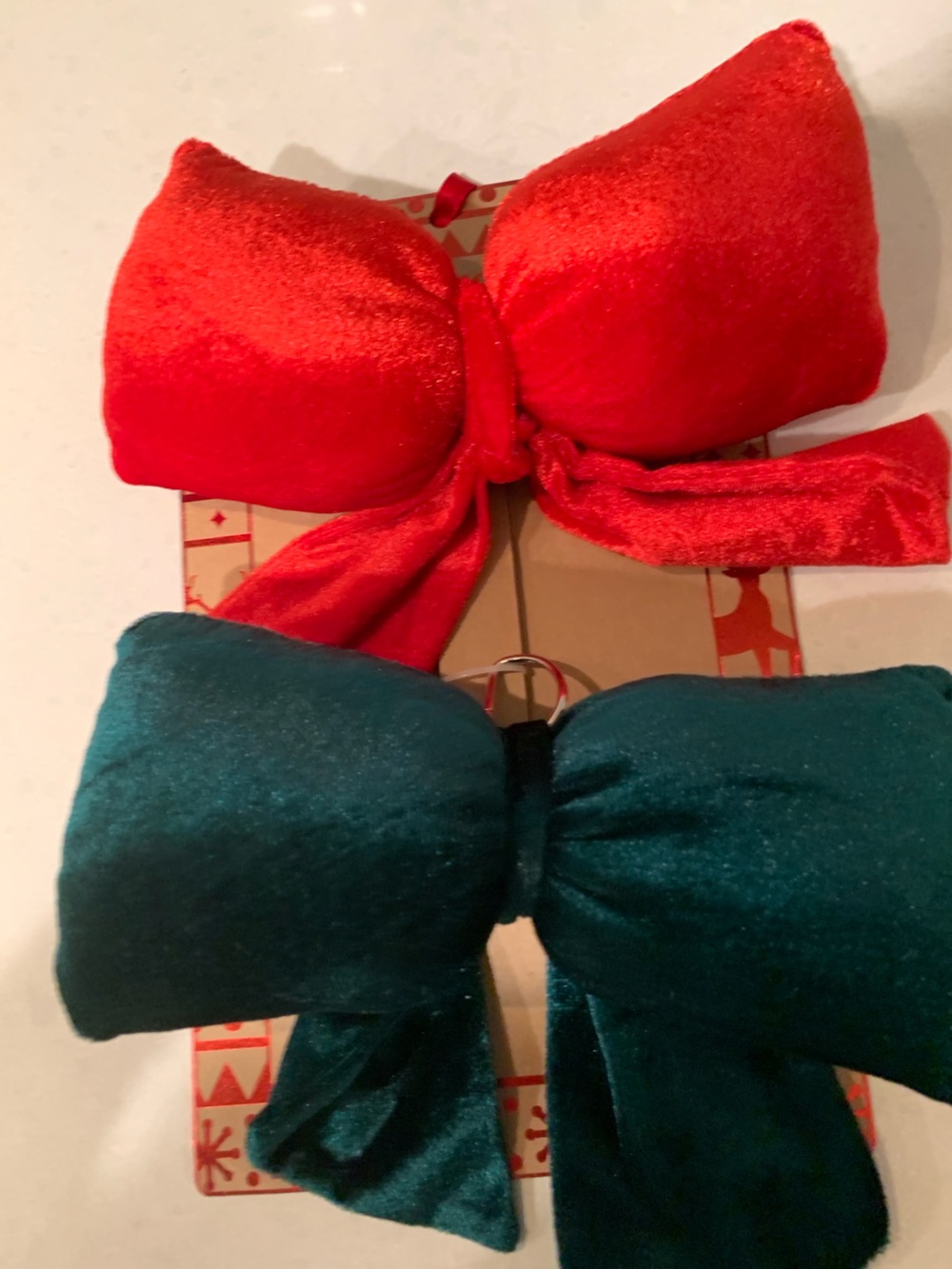 Christmas Tree Plush Pillow like bow ornaments or topper with metal rings.